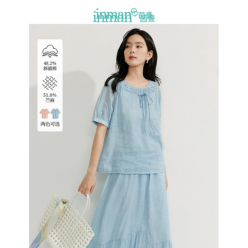 【商场同款新品】茵曼2025夏季苎麻法式系带衬衫休闲短袖衬衣上衣女