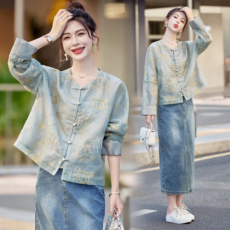 新中式国风2025春夏新款复古盘扣薄款防晒衣感刺绣短款上衣外套女