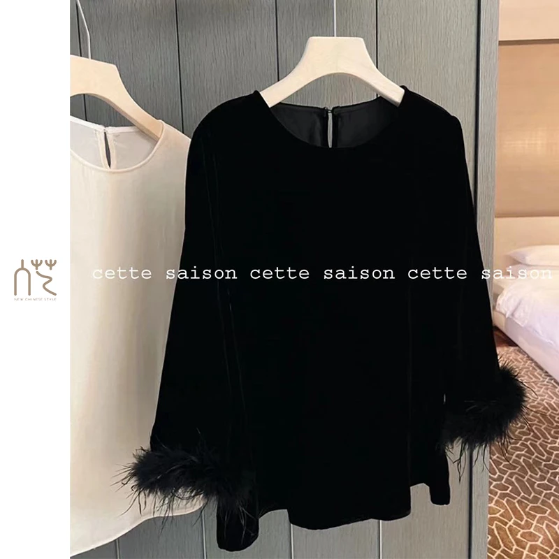 入艺857【Y I挽玉】24中式羽毛袖口万能百搭丝绒打底衫女-RY24524