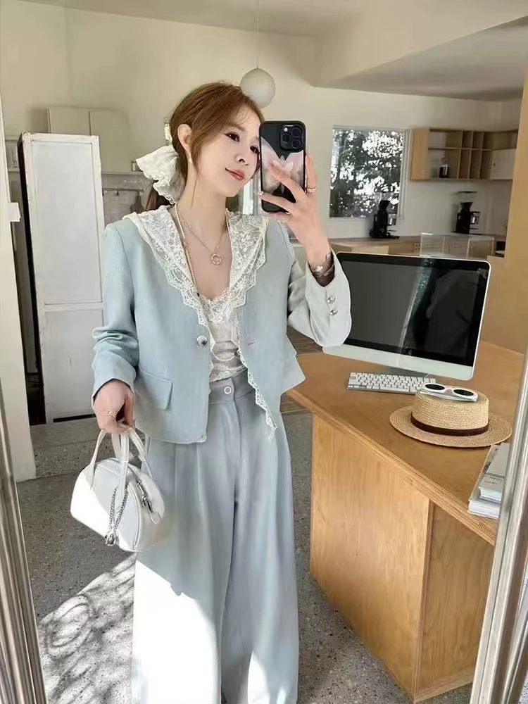 V领拼接蕾丝时尚两件套套装5821