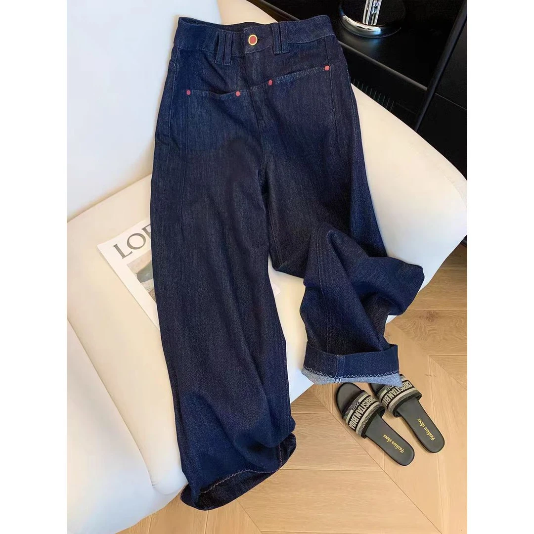 丹宁色高腰直筒宽松阔腿牛仔裤女2025新款高级感百搭显瘦梧桐裤子