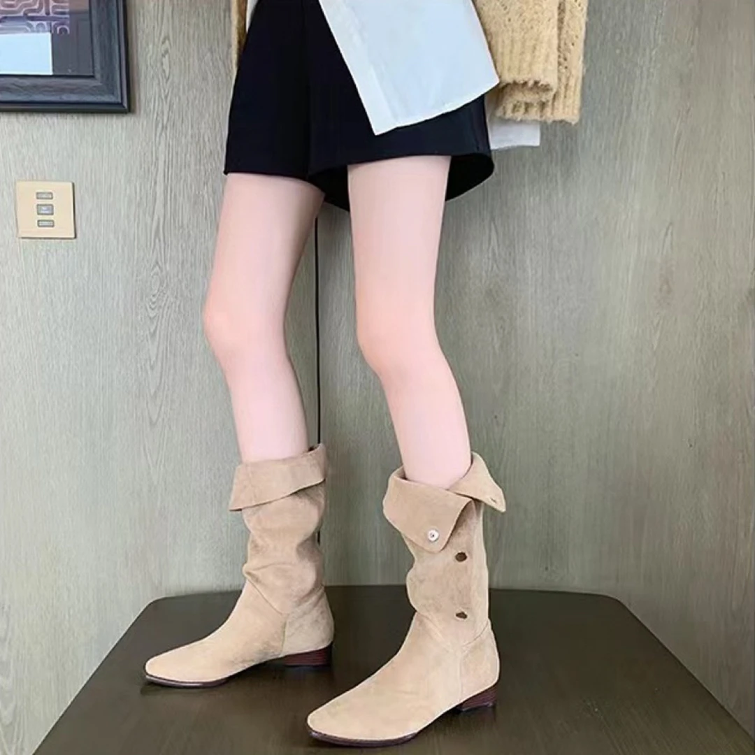 2025秋冬新款！辣妹翻领】褶皱堆堆靴尖头中长筒西部牛仔靴女时装靴