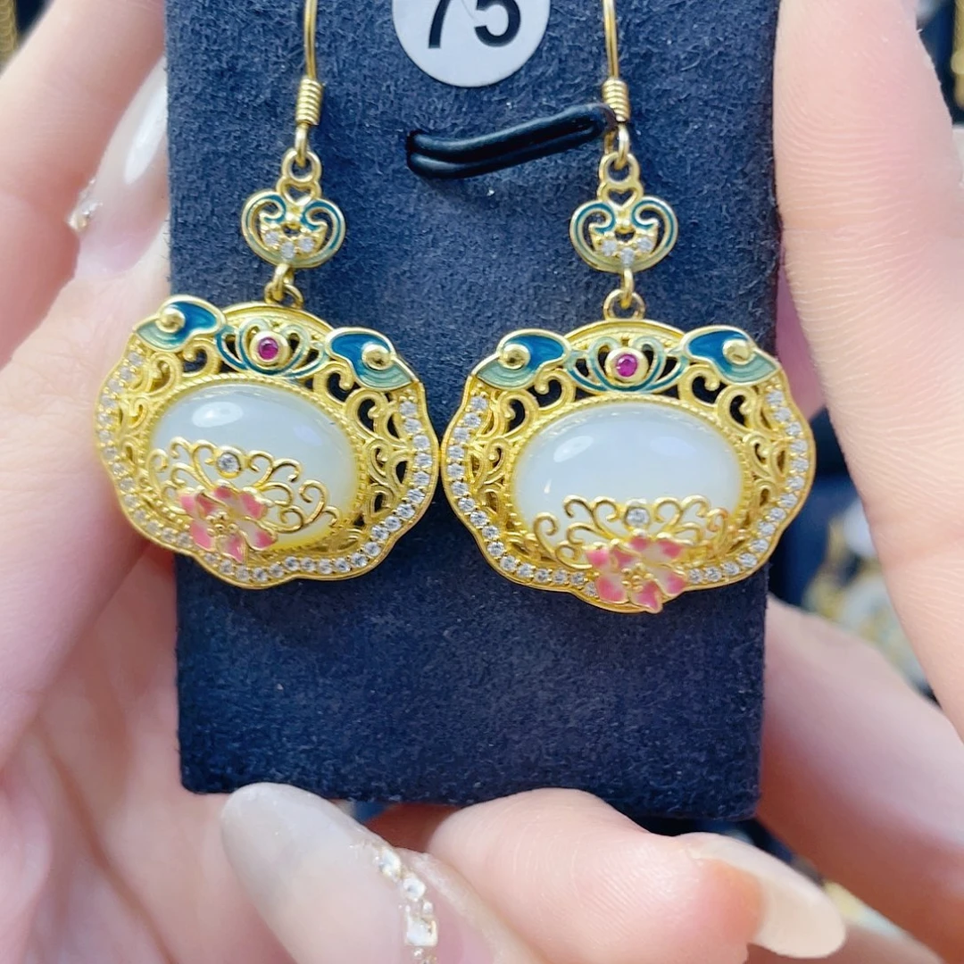 和田玉银S925镀金镶嵌耳饰