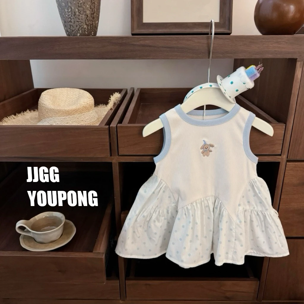 女童夏季韩版百搭洋气上衣宝宝儿童波点简约小熊甜美无袖休闲外穿