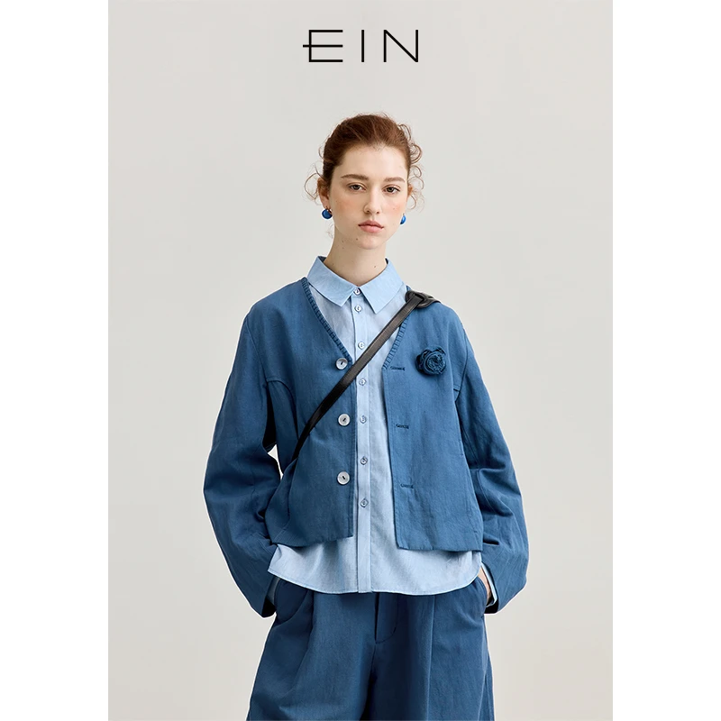 EIN/言轻行复古棉麻V领玫瑰装饰弯刀袖贝壳扣短外套2025早春新款