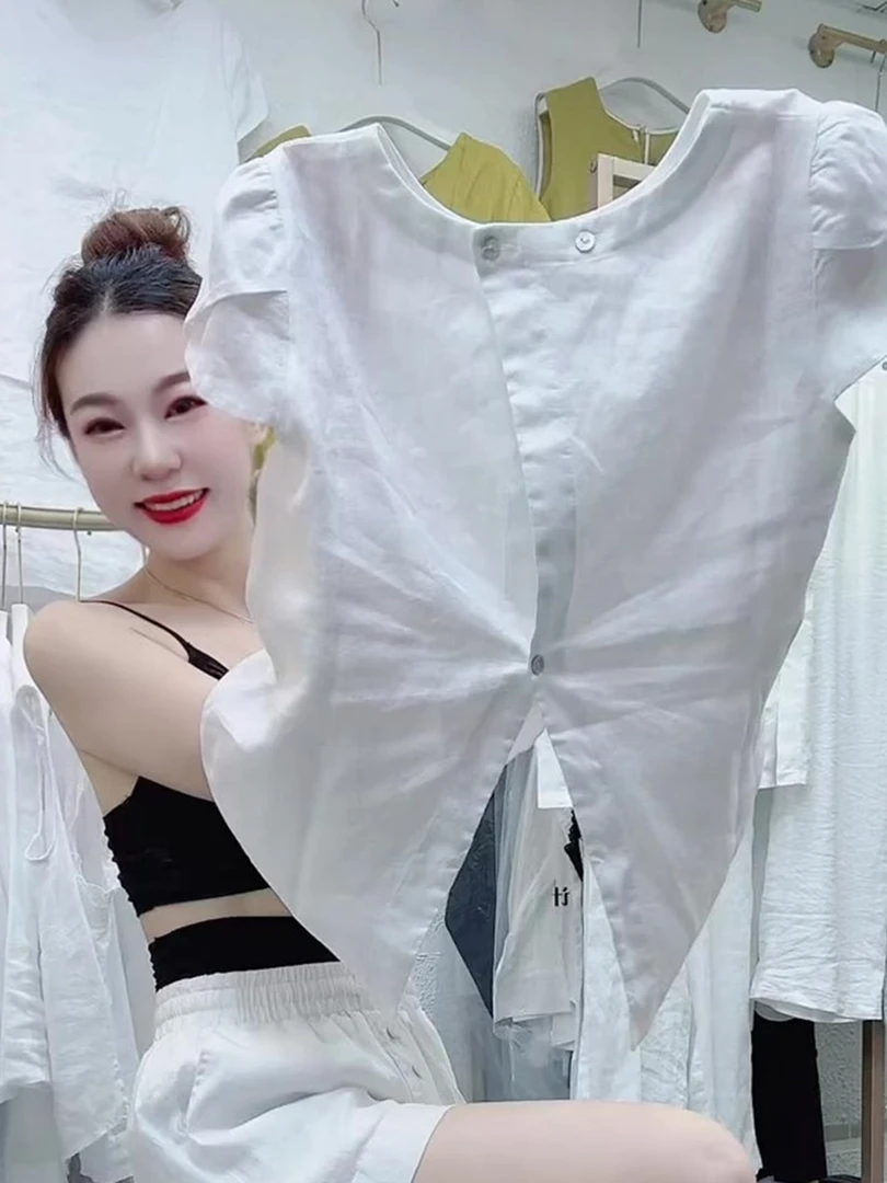 百搭简约风白色圆领衬衫新款韩系气质后背开叉显瘦上衣2025年夏季