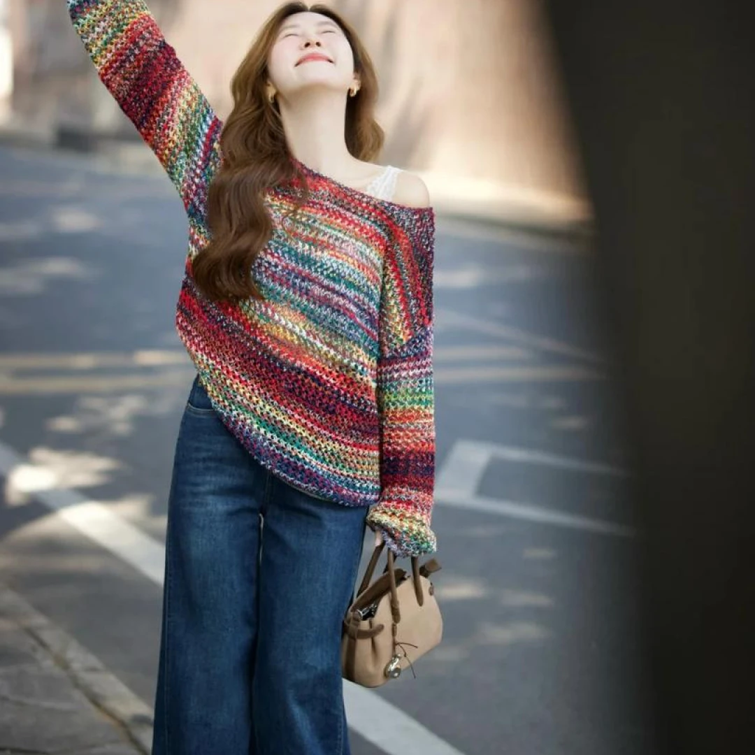 2025春季新款彩色度假感镂空长袖针织罩衫搭配牛仔裤显瘦两件套女