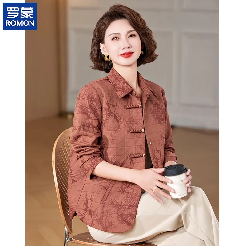 罗蒙名牌妈妈装秋装翻领印花上衣2025新款中老年女装国风显瘦外套