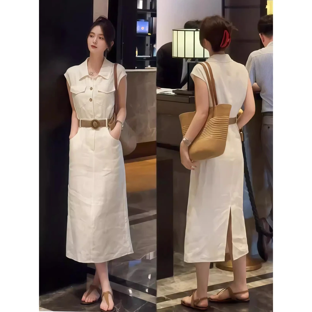 2025夏季新款女士法式时尚气质白色连衣裙收腰显瘦开叉漂亮潮裙子