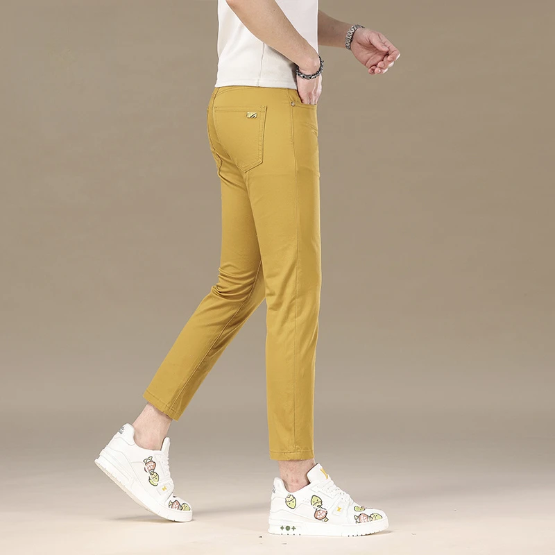 高端夏季新款黄色九分牛仔裤男士薄款弹力修身小脚高端9分裤男装