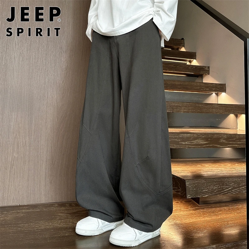 JEEPSPIRIT深灰色阔腿弯刀裤男款春秋潮牌休闲裤美式直筒工装长裤