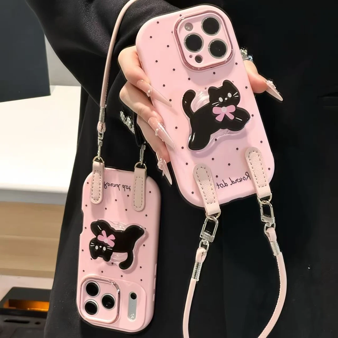 粉波点猫咪支架挂绳适用苹果17手机壳iPhone16小米14vivo华为oppo