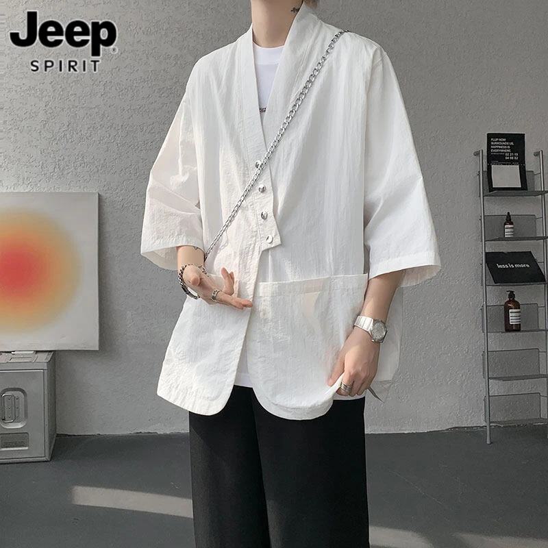 斜扣新中式衬衫短袖男士夏季新款休闲薄款宽松衬衣国风开衫上衣