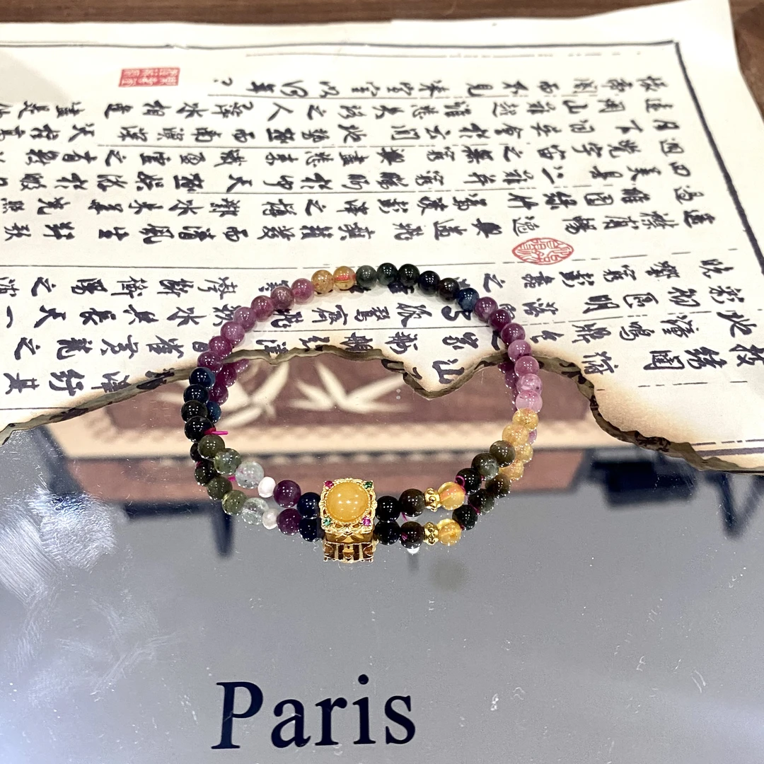 高货多彩碧玺单圈配蜜蜡珠女款时尚轻奢手链 多样性发一SL142