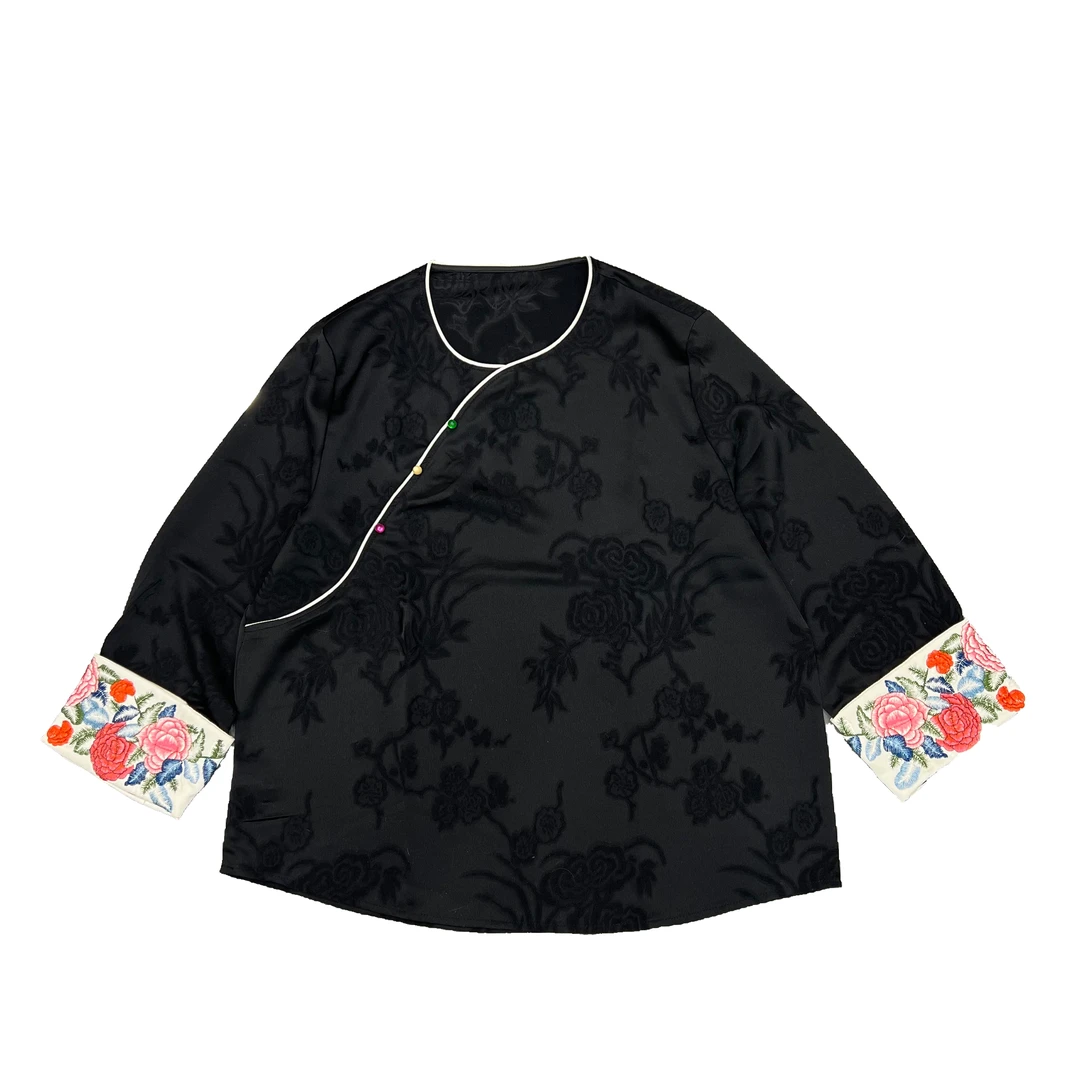 【清仓断码号no退no换】新中式国风缎面袖口刺绣百搭宽松打底上衣