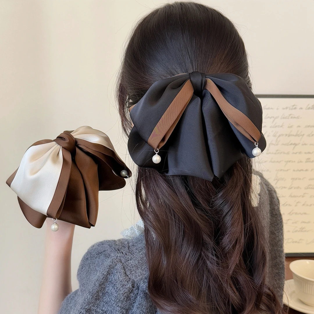 超仙精致缎面撞色蝴蝶结马尾夹百搭脑勺半扎发抓夹头饰盘发发夹