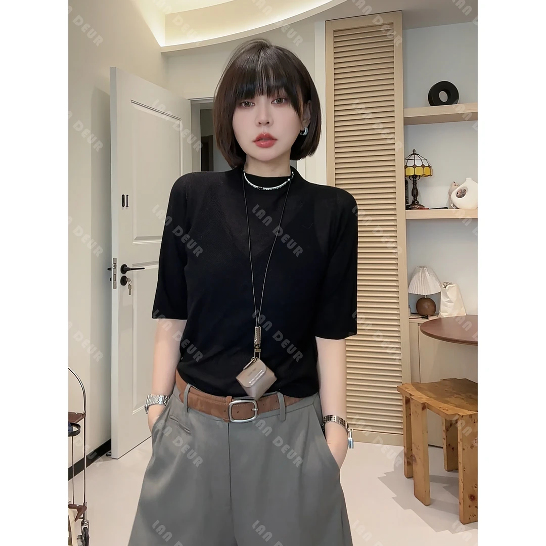 【霜糖软云】莱赛尔桑蚕丝半高领五分袖显瘦气质黑色针织套头衫女