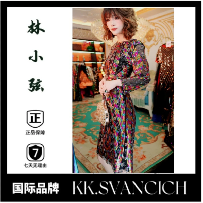 434黑彩新款优雅重工钉珠修身显瘦晚礼服宴会敬酒裙年会晚会主持