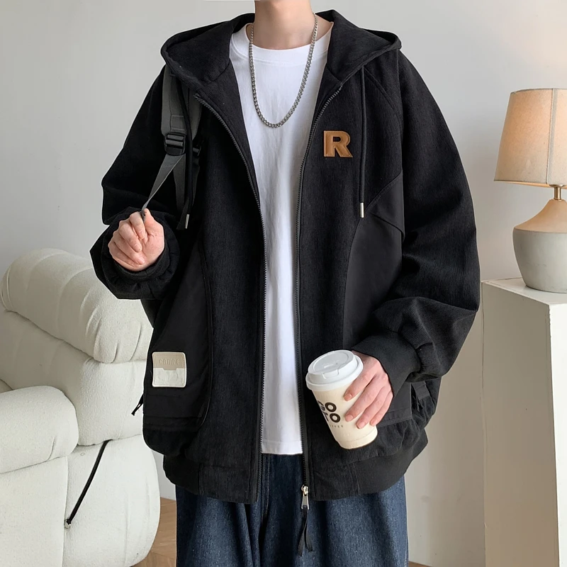 港风拼接连帽外套男秋季加肥大码潮牌胖子宽松运动青少年慵懒夹克