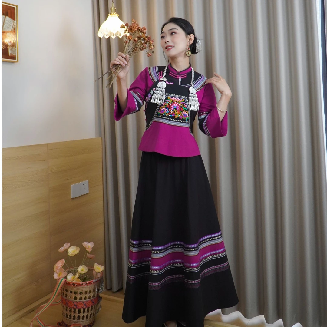 【云见布依】少数民族布依族壮族女装紫红色大裙摆日常休闲舞台装