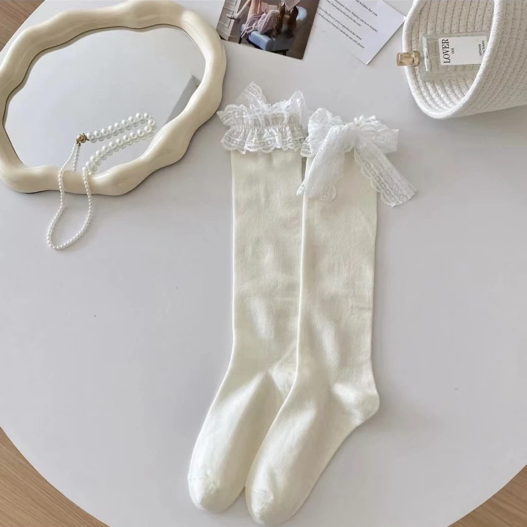 日系洛丽塔蝴蝶结花边短袜中筒袜子女JK白色甜美lolita蕾丝小腿袜