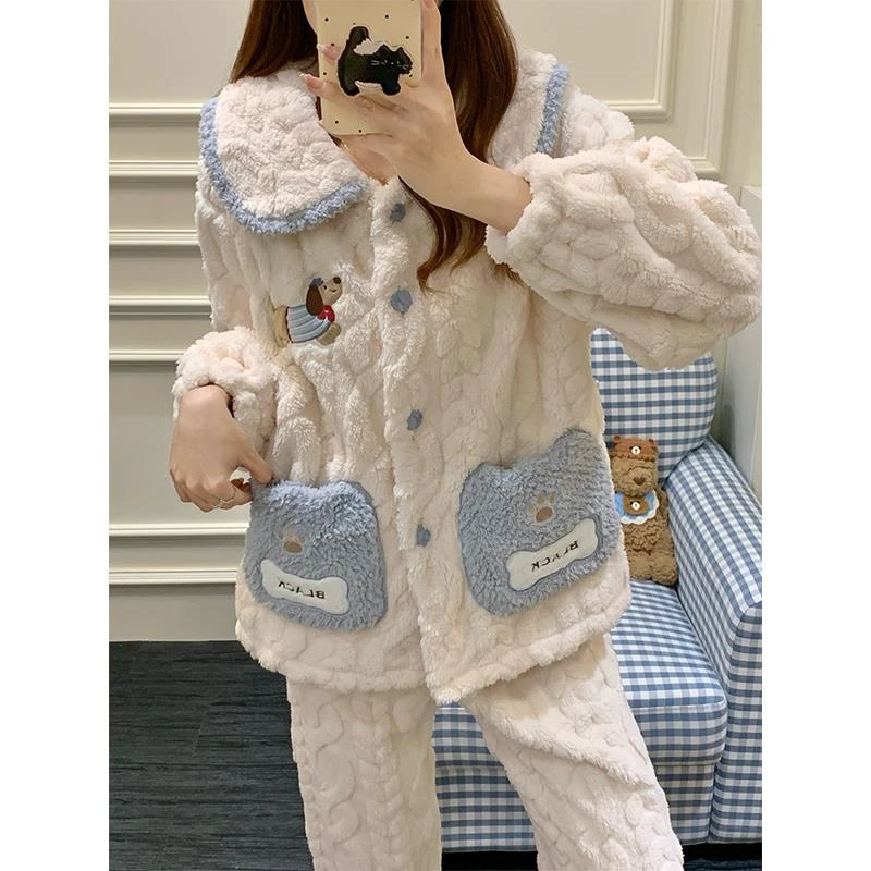 珊瑚绒睡衣女秋冬季加绒加厚2025新款保暖法兰绒卡通腊肠狗家居服