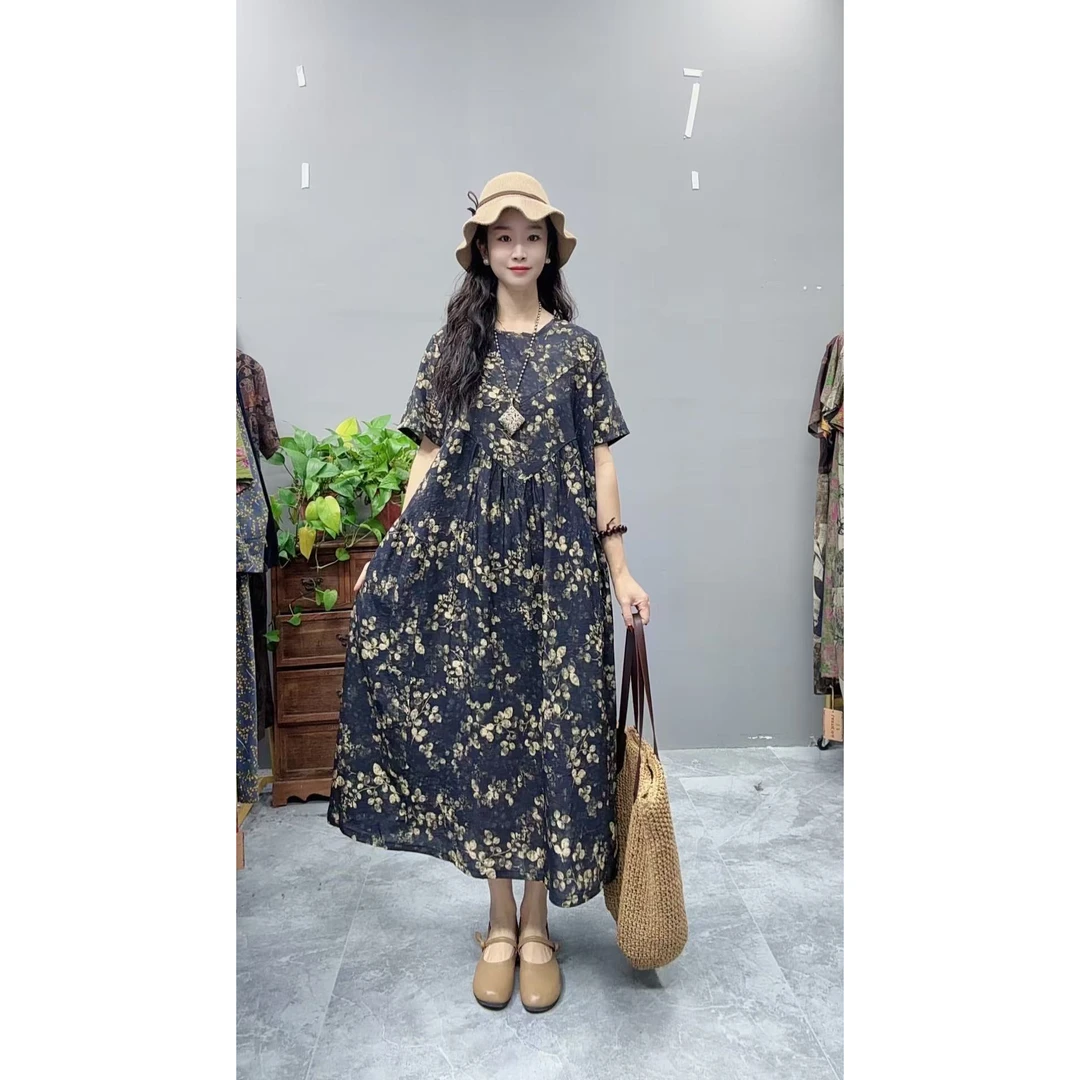 5005夏季新款清凉气质时尚复古遮肚宽松女显瘦百搭圆领休闲连衣裙