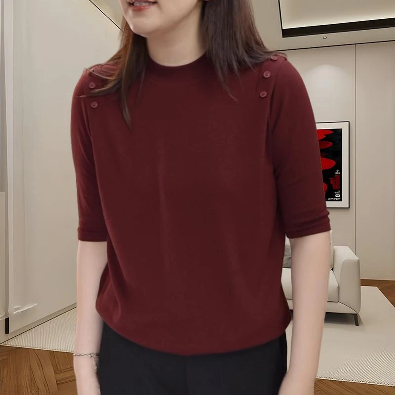 中袖针织衫女早秋新款圆领纯色纽扣高级感打底衫时尚百搭洋气上衣