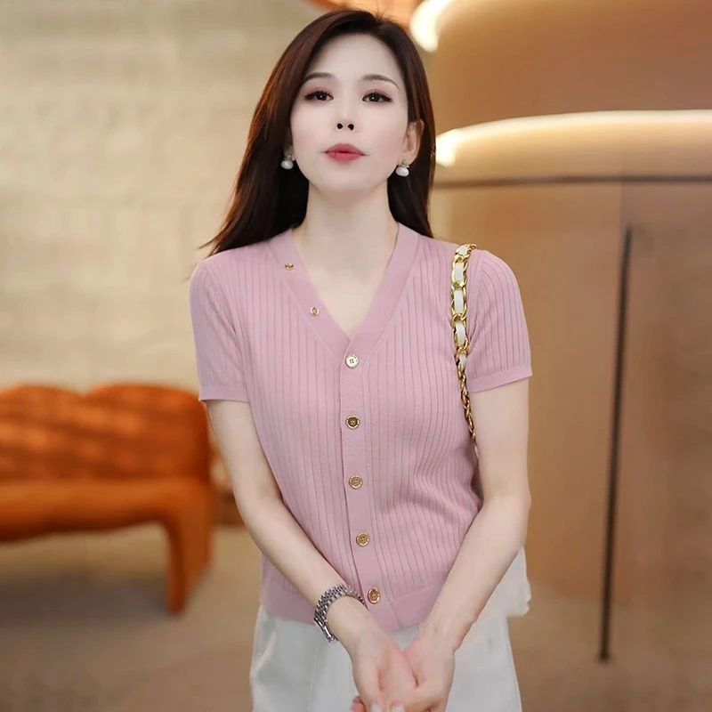 韩系设计感竖纹V领短袖薄款针织衫女夏季时尚气质遮肉休闲上衣潮