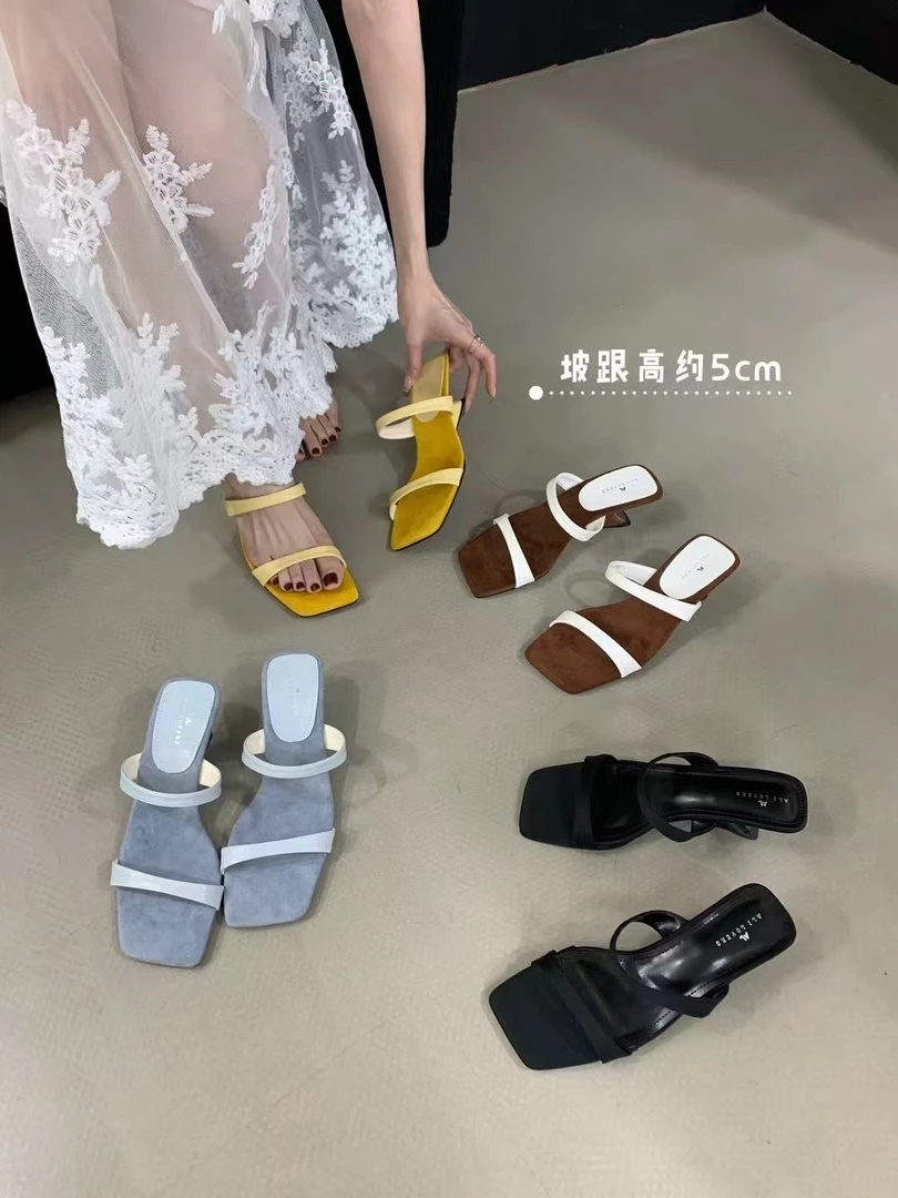 Q 89-123 小众绝美方头细带坡跟凉拖女夏外穿配裙子露趾一字拖女