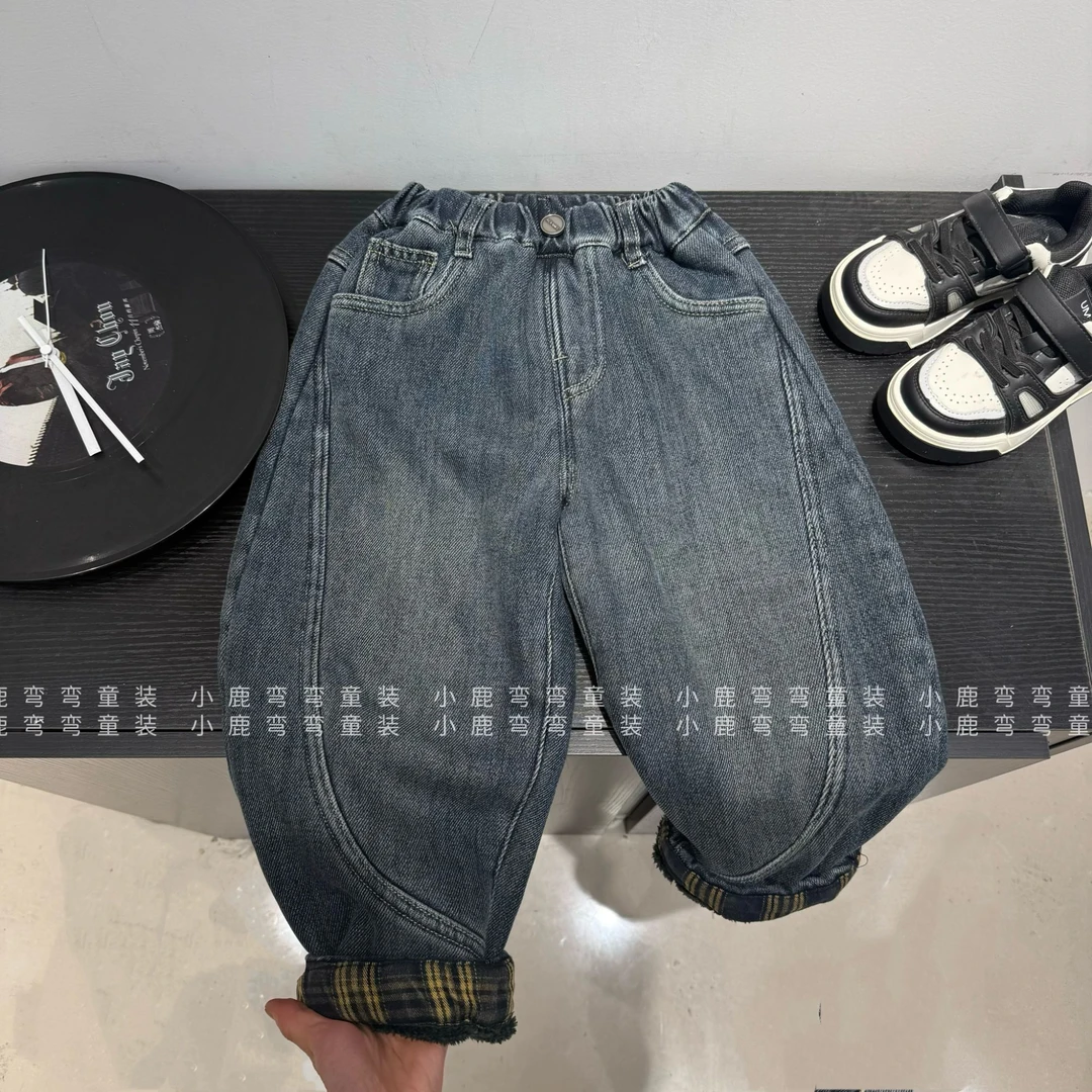 D25915男童冬季新款裤脚黄色格纹卷边加绒加厚糕糕绒牛仔裤