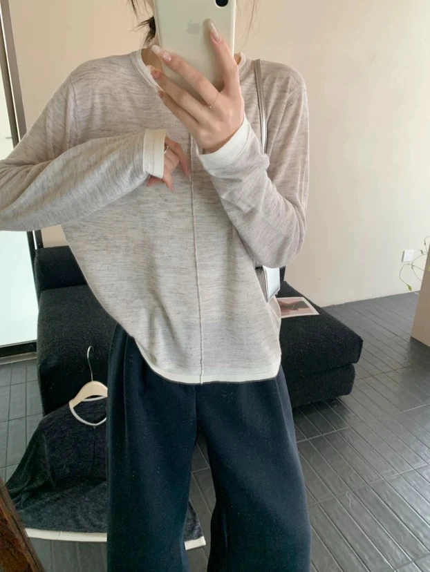 假两件圆领套头针织衫女春季新款简约长袖宽松打9365