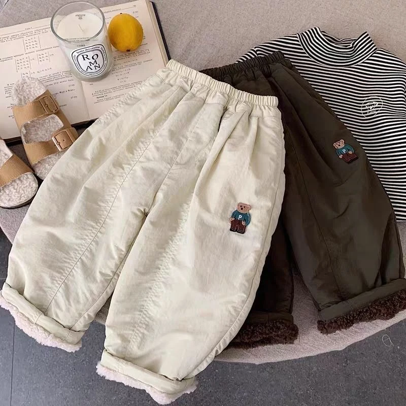 儿童加绒加厚裤子2025冬季新款男女童韩版刺绣宽松宝宝保暖休闲裤