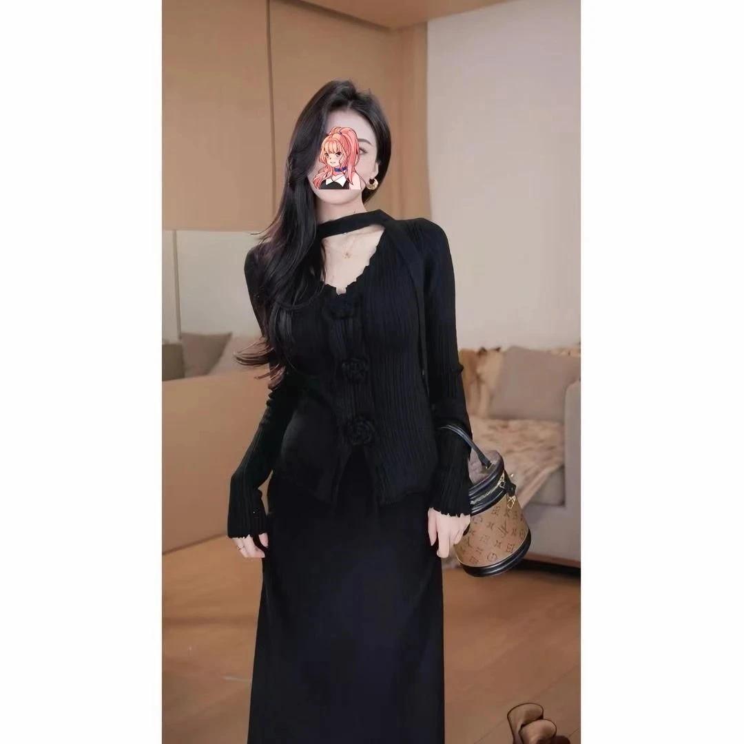 8778针织套装立体花朵飘带上衣松紧高腰显瘦半身裙毛衣裙套装小众