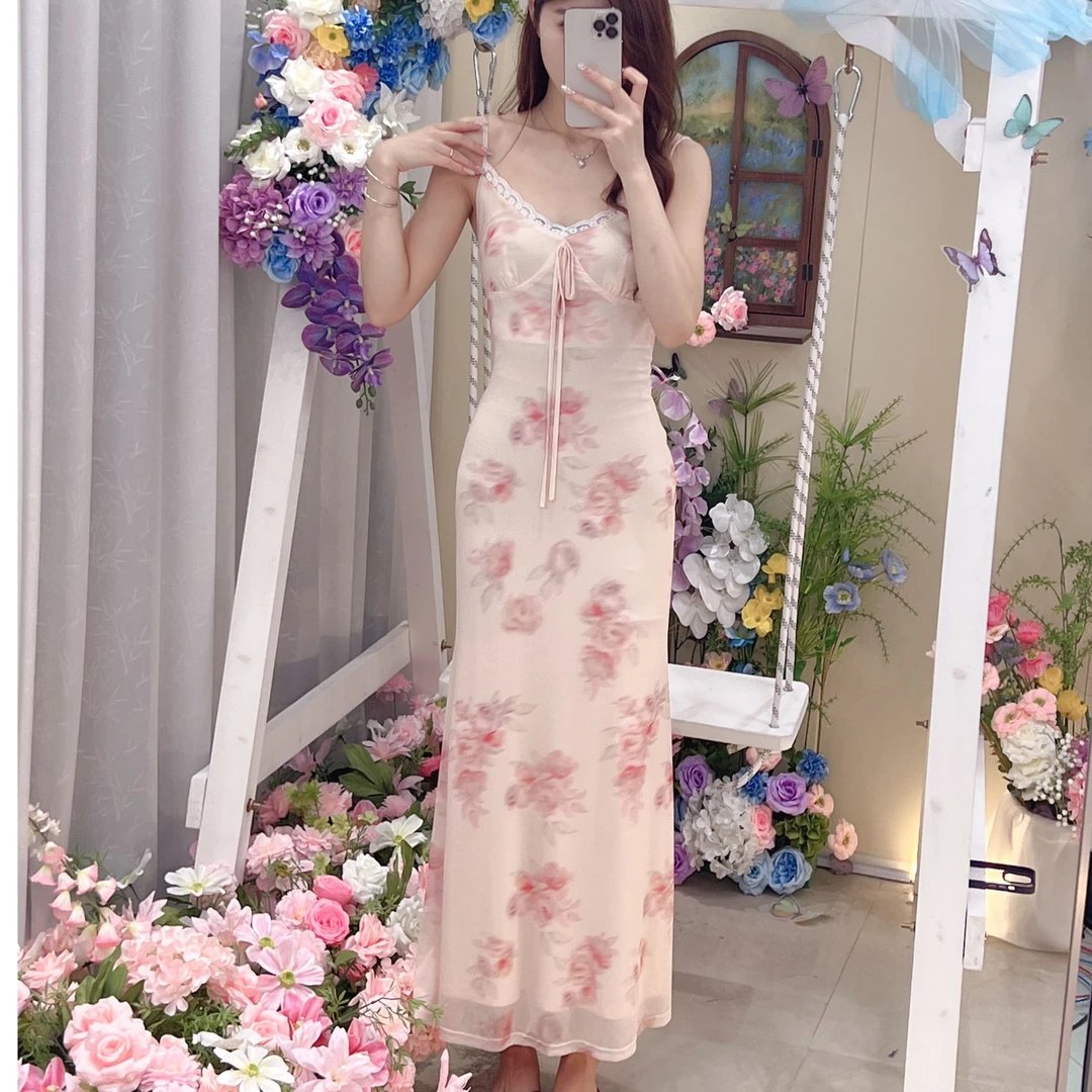 夏季新款吊带修身显瘦纯欲风蕾丝时尚抽绳款轻奢吊带连衣裙