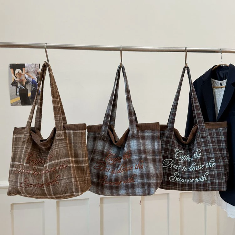 大容量毛呢格子布包包女秋冬新款百搭日系学生上课单肩托特包386