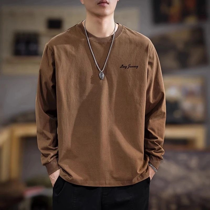 Cebrodz春季新款美式复古重磅休闲男士T恤长袖大码纯棉卫衣百搭