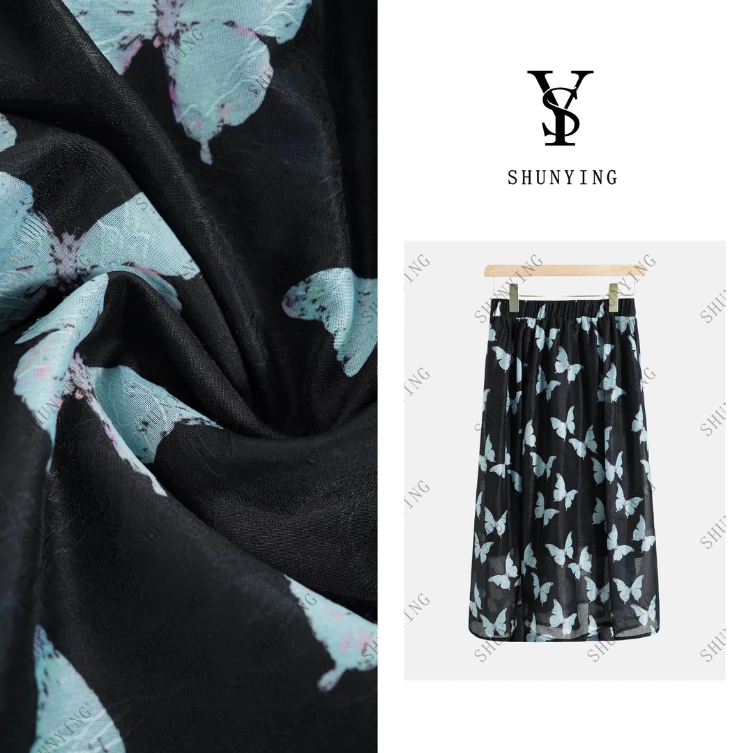 【仟娜】优雅气质~时尚百搭松紧腰蝴蝶印花显瘦半身裙SY72BQ250527