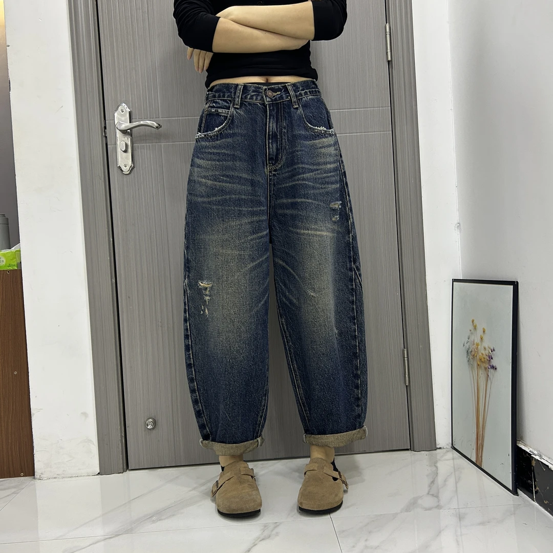 秋季25815老爹裤弹力哈伦显瘦百搭女士牛仔高腰韩版宽松长裤复古