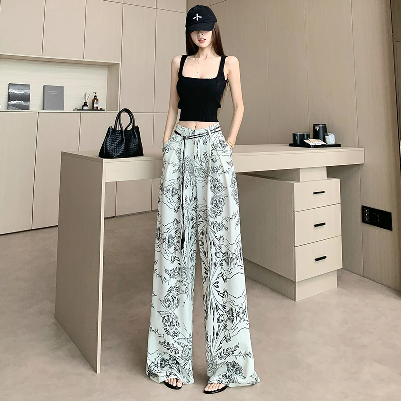 法式复古印花亚麻阔腿裤女夏季薄款宽松显瘦慵懒松弛感冰丝直筒裤
