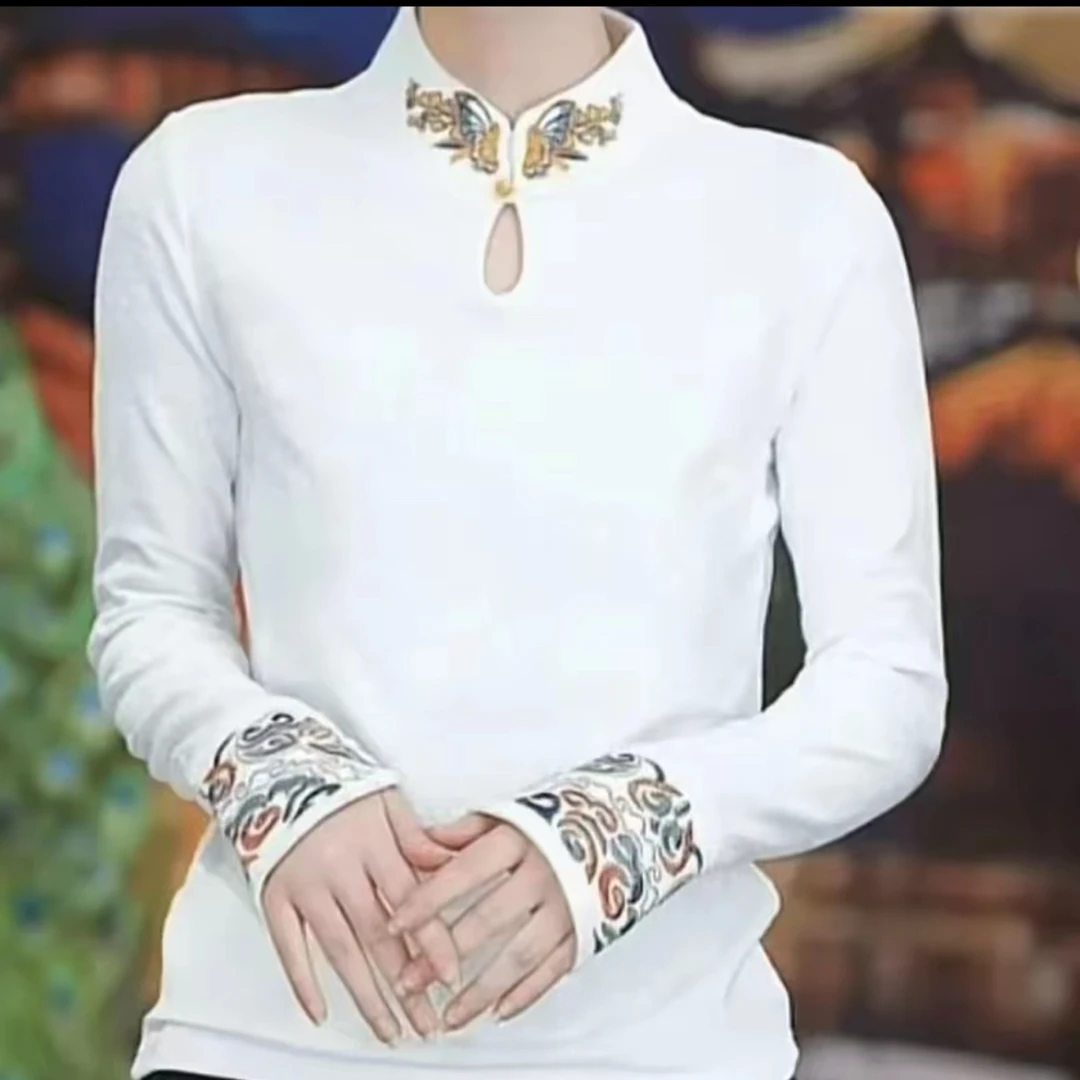 秋季新款打底衫女洋气百搭新中式衬衫洋气刺绣