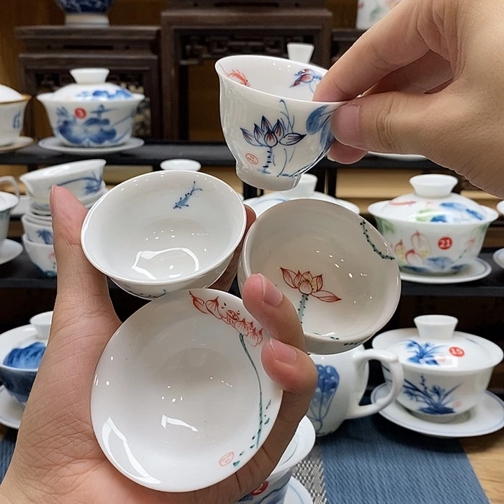 手绘荷花鱼杯子4个装 图片卷微瑕福利款