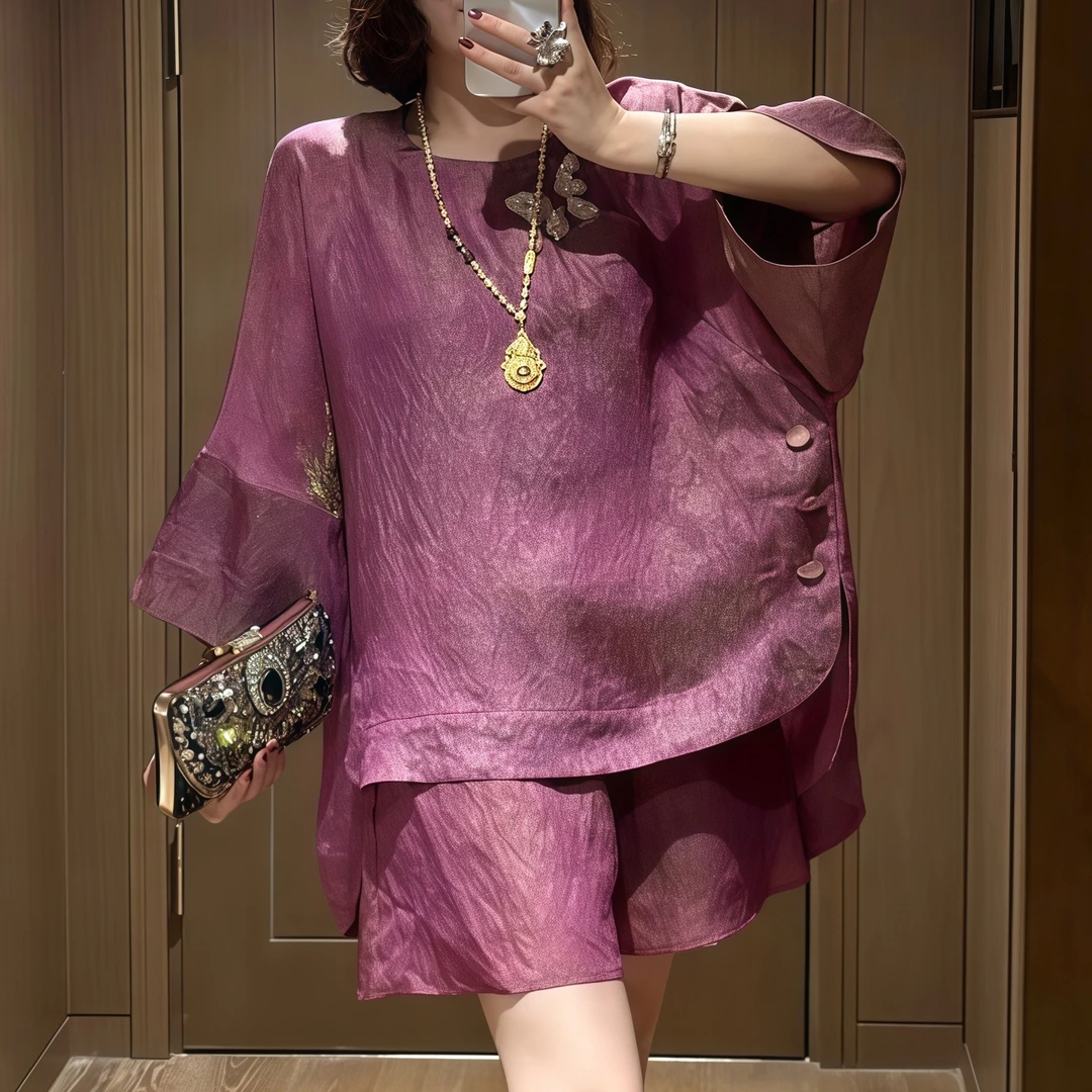 新中式蝴蝶浮光套装女2025夏季大码胖MM国风洋气上衣+短裤两件套