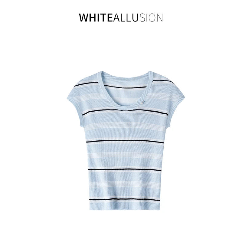 素典【满分入夏】亚麻条纹针织衫短袖设计感显瘦修身百搭上衣4129