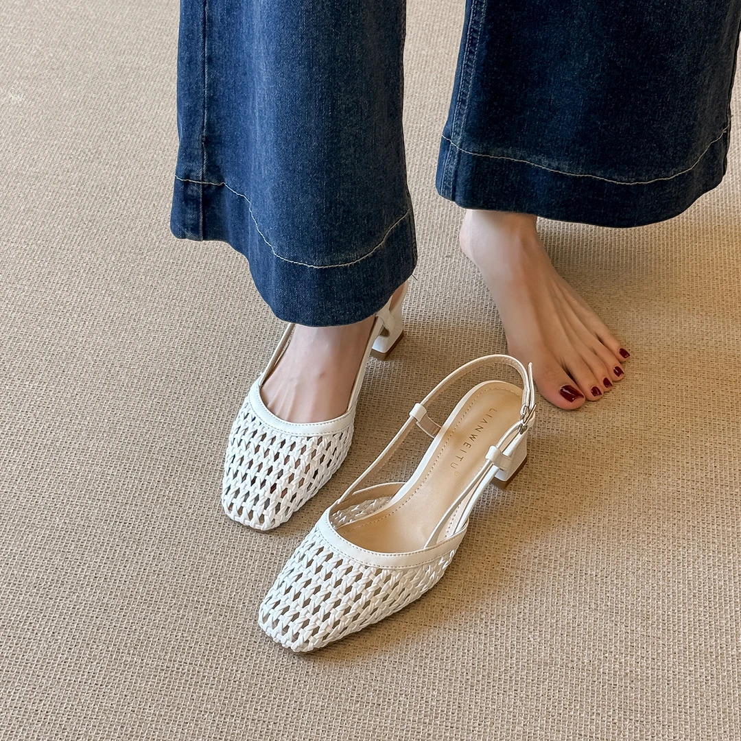 法式包头凉鞋女2025新款夏季编织镂空透气粗跟百搭后空高跟凉单鞋