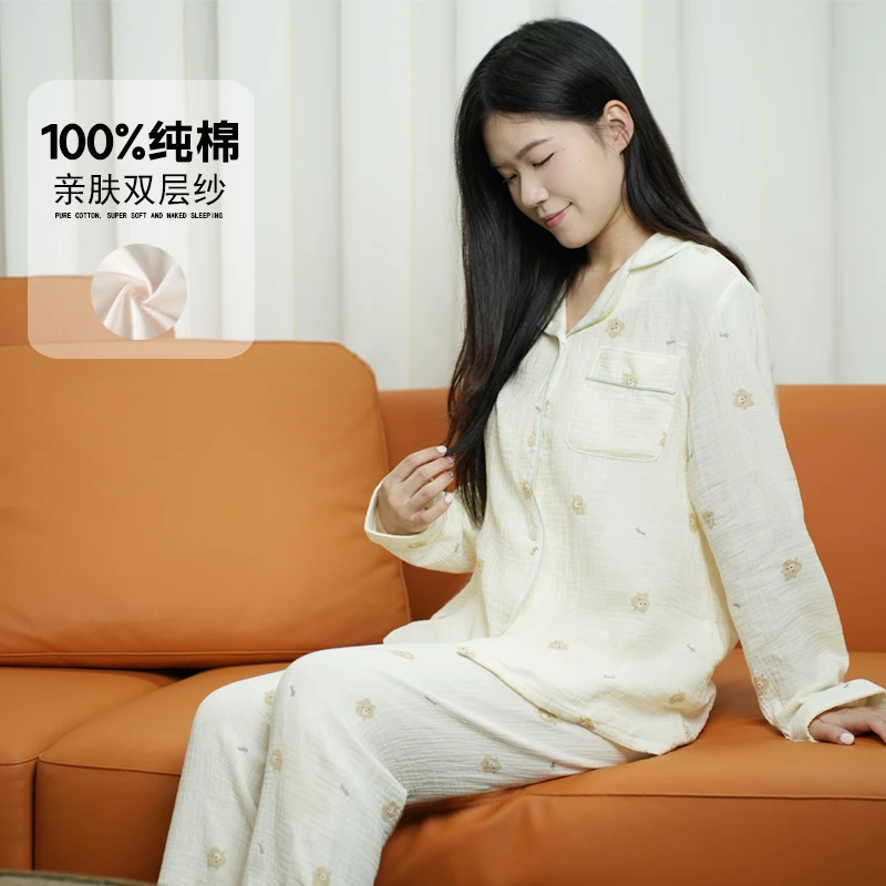 女士全棉纱布睡衣套装纯棉双层纱春秋薄款宽松翻领100%全棉家居服