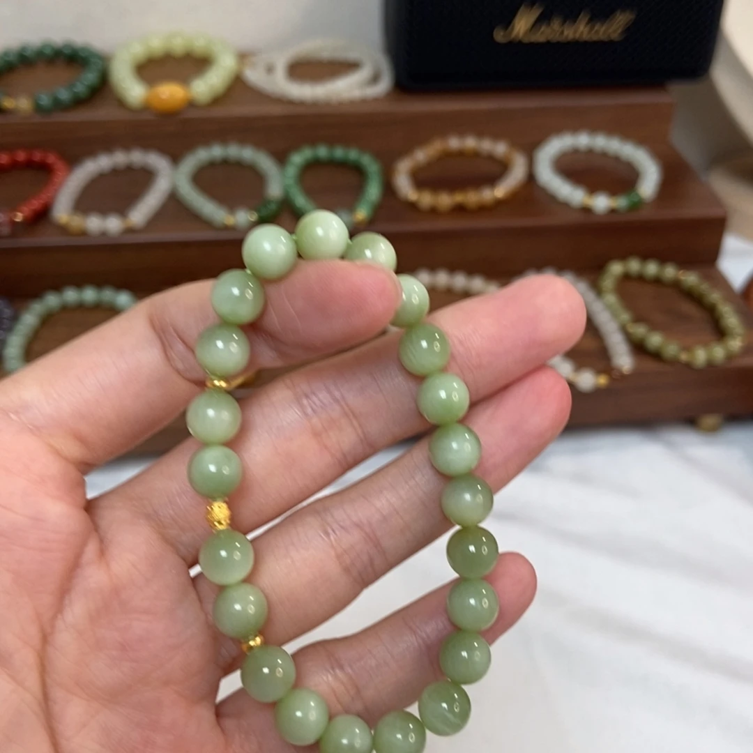 和田玉18K金镶嵌手链8mm黑阳洞碧玉猫