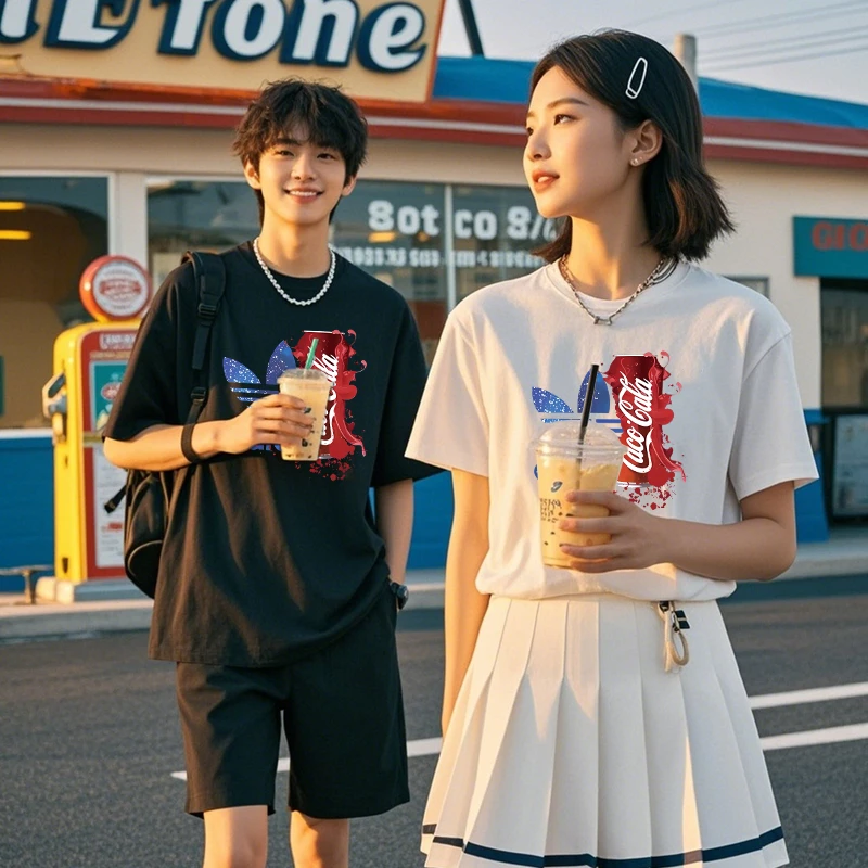 夏季美式复古短袖t恤男士休闲圆领纯棉小众百搭情侣装半袖