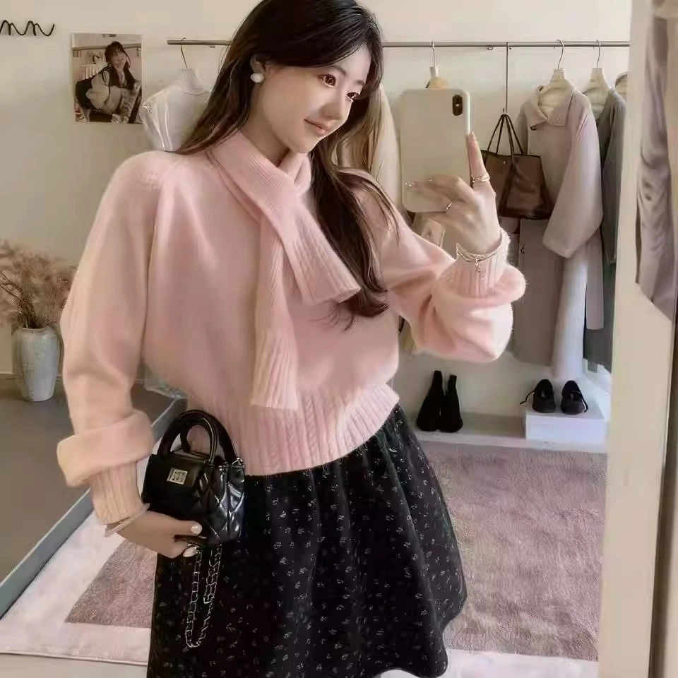 韩系简约慵懒风圆领保暖毛衣女秋冬软糯减龄显瘦针织衫【配围巾】