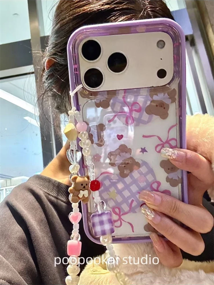 紫框透明爱心格纹小熊适用iPhone17 pro手机壳16promax个性15pro